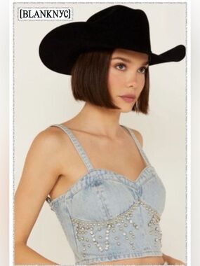 NWT BLANKNYC starstruck top in light blue denim embellished rhinestones